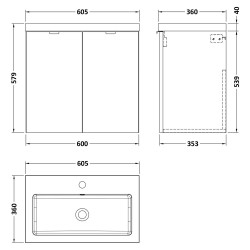 Fusion 600mm Wall Hung 2 Door Vanity Unit with Basin - Gloss Grey - Technical Drawing