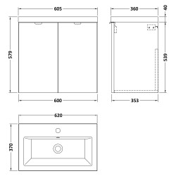 Fusion 600mm Vanity Unit & Ceramic Basin - Gloss Grey - Technical Drawing