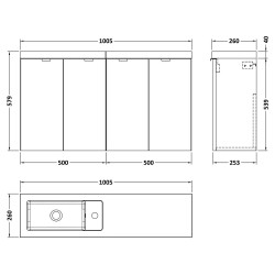 Fusion 1000mm Wall Hung Slimline 4 Door Vanity Unit with Basin - Gloss Grey - Technical Drawing