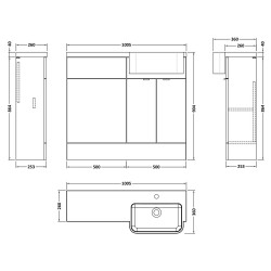 Fusion 1000mm Combination Unit & Right Hand Semi Recessed Basin - Gloss Grey - Technical Drawing