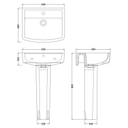 Bliss 520mm Basin & Pedestal - Technical Drawing