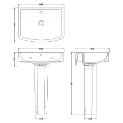 Bliss 600mm Basin & Pedestal - Technical Drawing