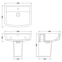 Bliss 520mm Basin & Semi Pedestal - Technical Drawing