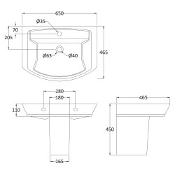 Maya 650mm Basin with 1 Tap Hole and Semi Pedestal - Technical Drawing
