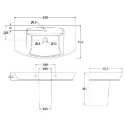 Maya 850mm Basin with 1 Tap Hole and Semi Pedestal - Technical Drawing