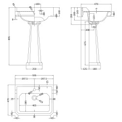 Richmond 600mm 1 Tap Hole Basin & Pedestal - Technical Drawing
