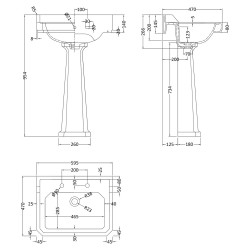Richmond 595mm Basin with 2 Tap Holes and Comfort Height Pedestal - Technical Drawing