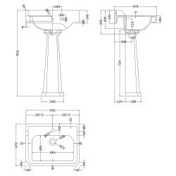 Richmond 595mm Basin with 1 Tap Hole and Comfort Height Pedestal - Technical Drawing