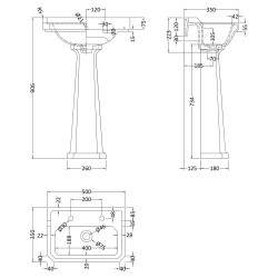 Richmond 500mm Basin with 2 Tap Holes and Comfort Height Pedestal - Technical Drawing