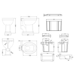 Comfort Height Toilet Pan , High Level Cistern & Flush Pipe Kit - Technical Drawing