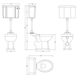 Richmond Comfort Height Mid Level Pan, Cistern and Flush Pipe Kit - Technical Drawing