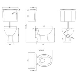 Carlton Low Level Pan, Cistern and Flush Pipe Kit - Technical Drawing