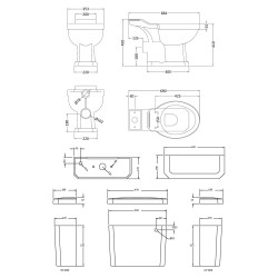 Carlton Close Coupled Toilet Pan with Cistern and Standard Toilet Seat - Technical Drawing