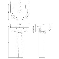 Harmony 500mm Basin & Pedestal - Technical Drawing