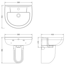 Harmony 500mm Basin & Semi Pedestal - Technical Drawing