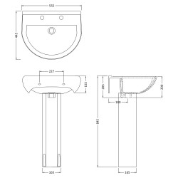 Ivo 555mm 2 Tap Holes Basin & Pedestal - Technical Drawing