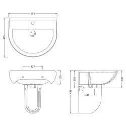 Ivo 550mm Basin 1 Tap Hole & Semi Pedestal - Technical Drawing