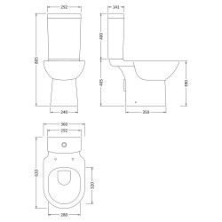 Knedlington Semi Flush to Wall Toilet Pan and Cistern - Technical Drawing