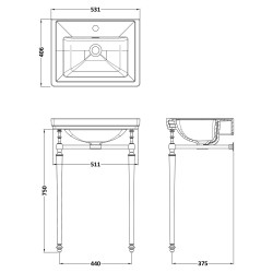 Carlton 500mm 1 Tap Hole Basin With Traditional Stand - White - Technical Drawing