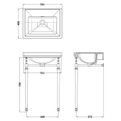 Carlton 500mm No Tap Holes Basin With Traditional Stand - White - Technical Drawing