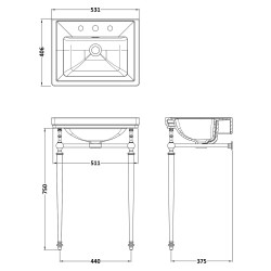 Carlton 500mm 3 Tap Holes Basin With Traditional Stand - White - Technical Drawing