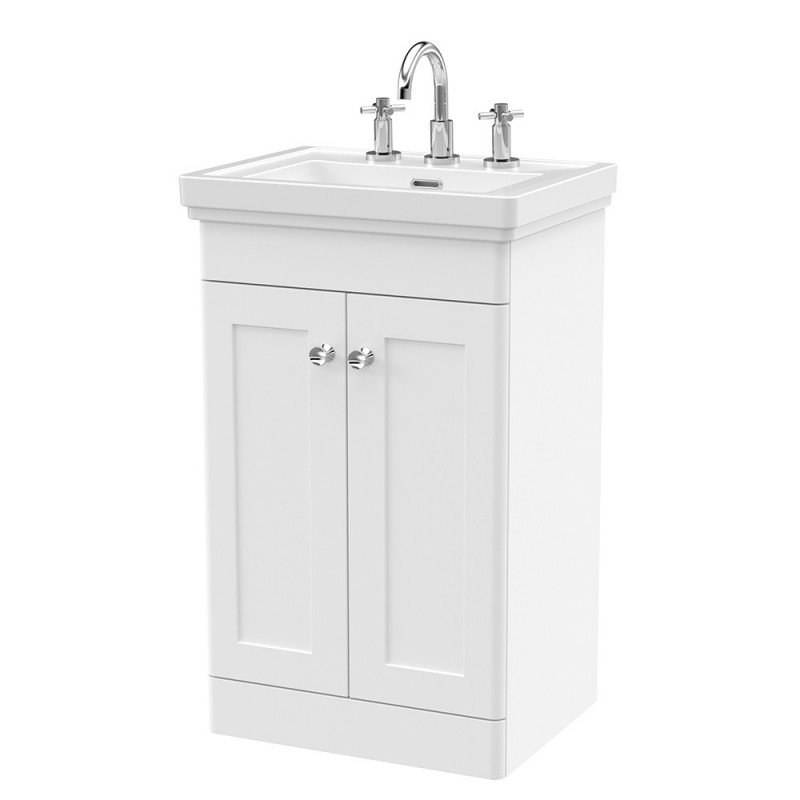 Classique 500mm Freestanding 2 Door Vanity Unit with Basin Satin White - 3 Tap Hole Classique 500mm Freestanding 2 Door Vanity Unit with Basin Satin White - 3 Tap Hole