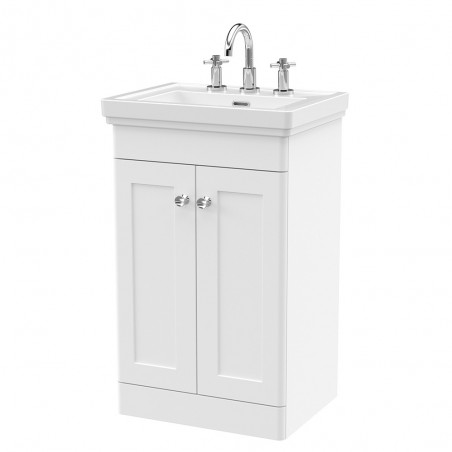 Classique 500mm Freestanding 2 Door Vanity Unit with Basin Satin White - 3 Tap Hole