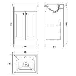 Classique 500mm Freestanding 2 Door Vanity Unit with Basin Satin White - 3 Tap Hole - Technical Drawing