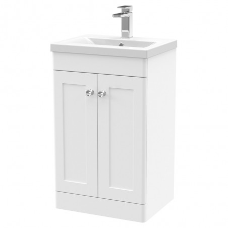 Classique 500mm Freestanding 2 Door Unit & Mid-Edge Ceramic Basin - Satin White