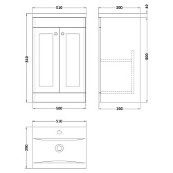 Classique 500mm Freestanding 2 Door Unit & Mid-Edge Ceramic Basin - Satin White - Technical Drawing