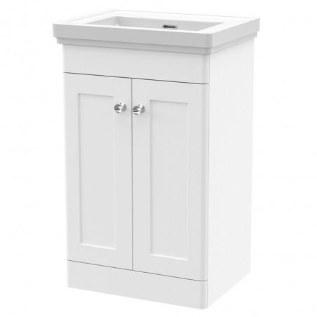 Classique 500mm Freestanding 2 Door Unit & 0 Tap Hole Fireclay Basin - Satin White