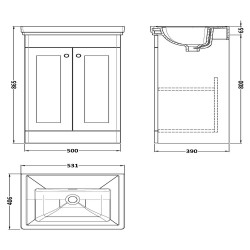 Classique 500mm Freestanding 2 Door Unit & 0 Tap Hole Fireclay Basin - Satin White - Technical Drawing
