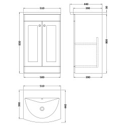 Classique 500mm Floor Standing 2 Door Unit & Curved Basin - Satin White - Technical Drawing