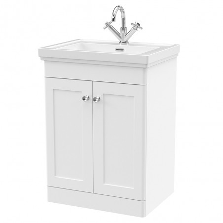 Classique 600mm Freestanding 2 Door Vanity Unit with Basin Satin White - 1 Tap Hole