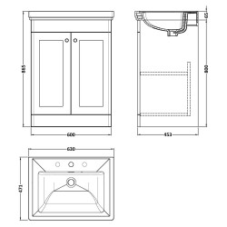 Classique 600mm Freestanding 2 Door Vanity Unit with Basin Satin White - 3 Tap Hole - Technical Drawing