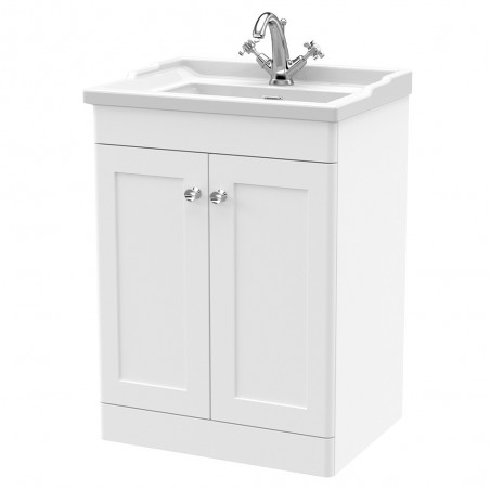 Classique 600mm Freestanding 2 Door Unit & 1 Tap Hole Fireclay Basin - Satin White