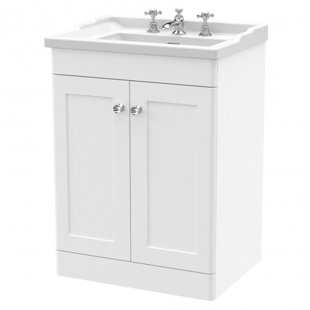 Classique 600mm Freestanding 2 Door Unit & 3 Tap Hole Fireclay Basin - Satin White