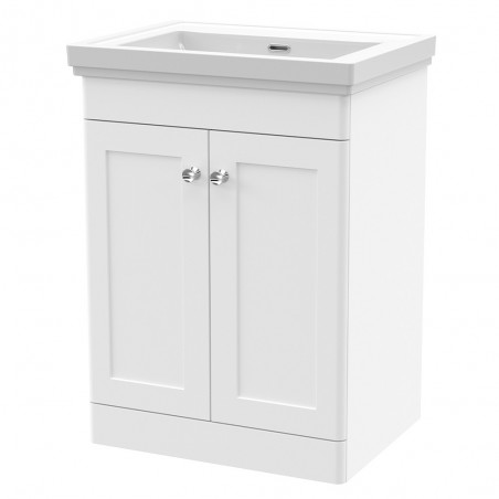 Classique 600mm Freestanding 2 Door Unit & 0 Tap Hole Fireclay Basin - Satin White