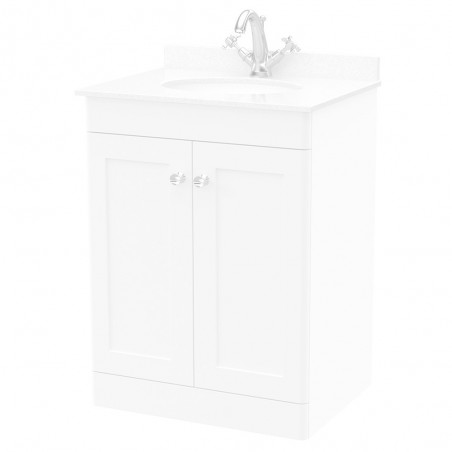 Classique 600mm Freestanding 2 Door Unit & 1 Tap Hole Marble Top with Oval Basin - Satin White/White Sparkle