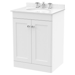 Classique 600mm Freestanding 2 Door Unit & 3 Tap Hole Marble Top with Oval Basin - Satin White/White Sparkle