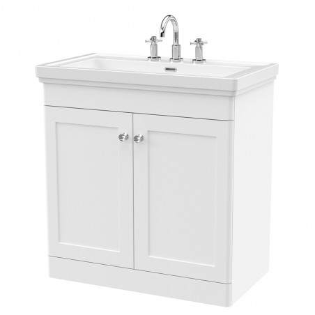 Classique 800mm Freestanding 2 Door Vanity Unit with Basin Satin White - 3 Tap Hole