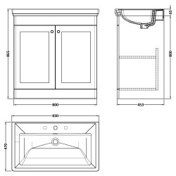 Classique 800mm Freestanding 2 Door Vanity Unit with Basin Satin White - 3 Tap Hole - Technical Drawing