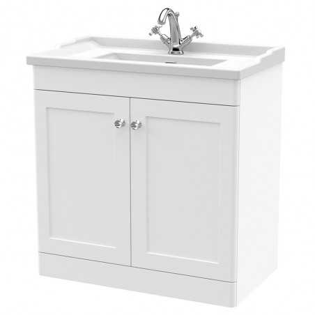 Classique 800mm Freestanding 2 Door Unit & 1 Tap Hole Fireclay Basin - Satin White