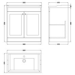 Classique 800mm Freestanding 2 Door Unit & 1 Tap Hole Fireclay Basin - Satin White - Technical Drawing