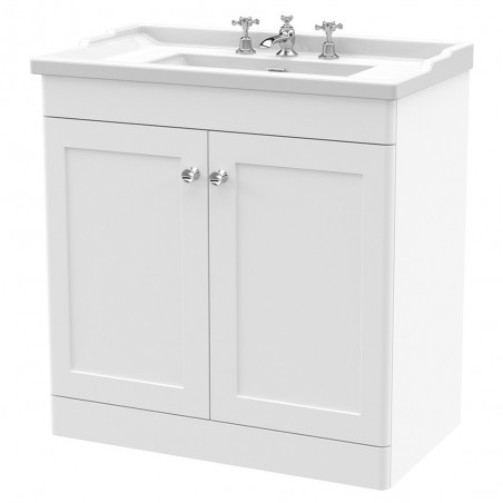 Classique 800mm Freestanding 2 Door Unit & 3 Tap Hole Fireclay Basin - Satin White