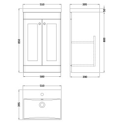 Classique 500mm Freestanding 2 Door Unit & Thin-Edge Ceramic Basin - Soft Black - Technical Drawing