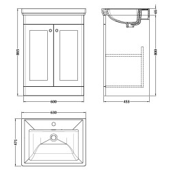 Classique 600mm Freestanding 2 Door Vanity Unit with 1 Tap Hole Basin - Soft Black - Technical Drawing