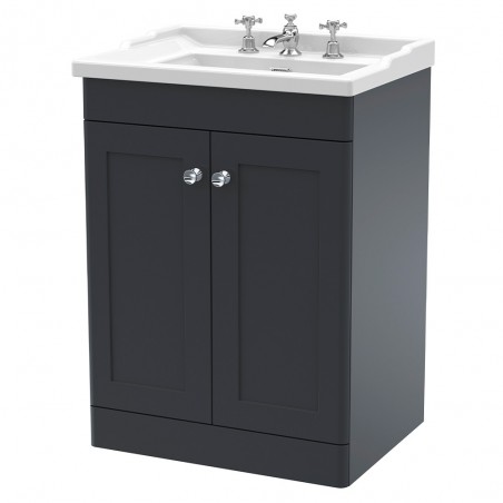 Classique 600mm Freestanding 2 Door Unit & 3 Tap Hole Fireclay Basin - Soft Black