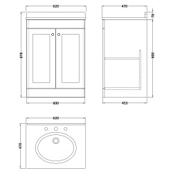 Classique 600mm Freestanding 2 Door Unit & 3 Tap Hole Marble Top with Oval Basin - Soft Black/White Sparkle - Technical Drawing