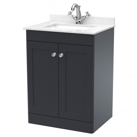 Classique 600mm Freestanding 2 Door Unit & 1 Tap Hole Marble Top with Square Basin - Soft Black/White Sparkle